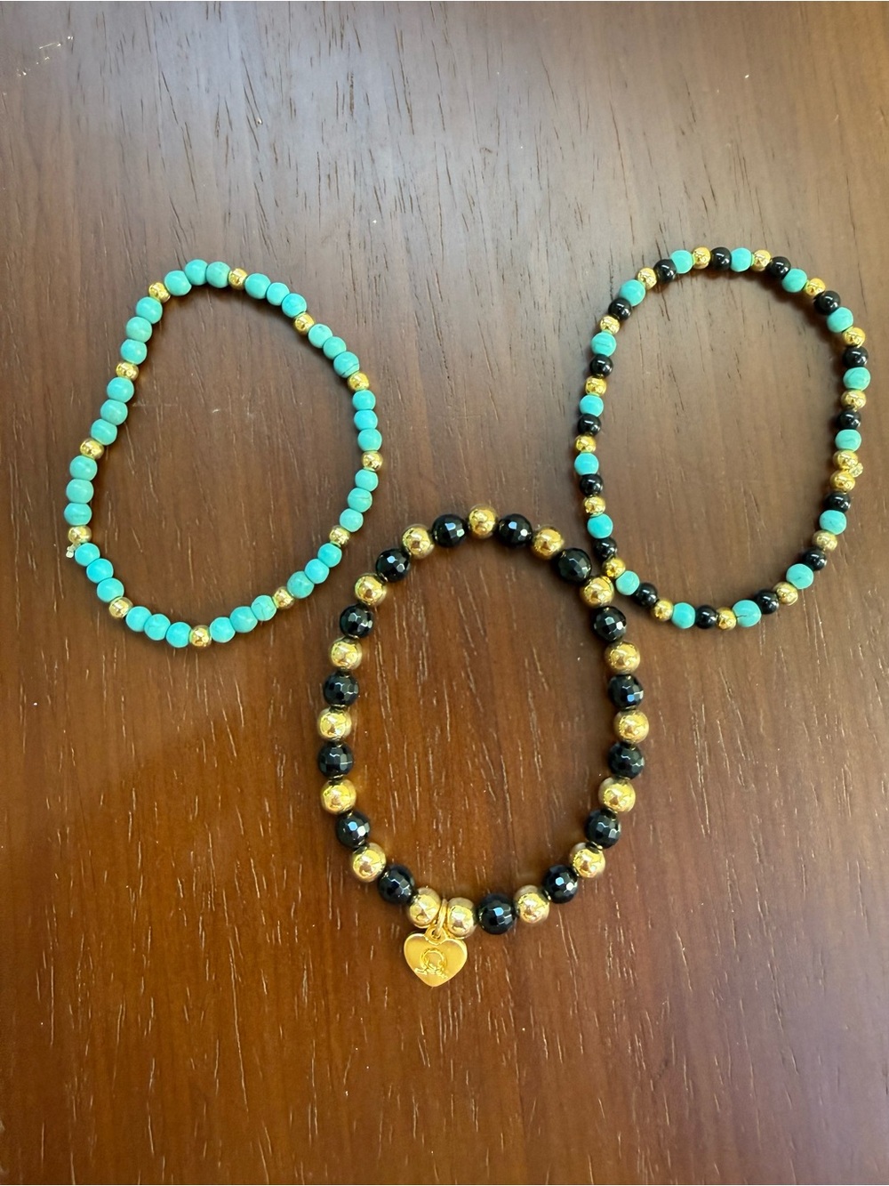 Set of 3 Turquoise Black Gold Beaded Stretch Bracelets